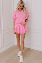 Load image into Gallery viewer, Pink Contrast Bow Trim Pearl Puff Sleeve Blouse and Skort 2pcs Set
