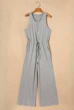 Load image into Gallery viewer, Gray Ribbed Knit Buttons Drawstring Sleeveless Jumpsuit
