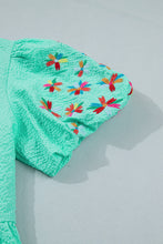 Cargar imagen en el visor de la galería, Mint Green Frilled V Neck Flower Embroidered Puff Sleeve Textured Blouse
