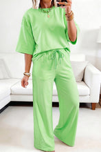 Cargar imagen en el visor de la galería, Sachet Pink Lace Patchwork Half Sleeve Top Elastic Waist Pants Two Piece Set
