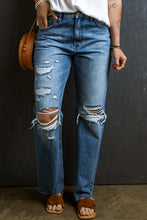 Load image into Gallery viewer, Light Blue Distressed Holes Raw Edge Straight Jeans
