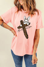 Load image into Gallery viewer, Pink He is Risen Easter Bunny Leopard Cross Graphic Tee

