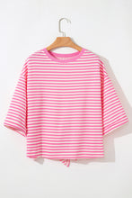 Cargar imagen en el visor de la galería, Pink Stripe Bowknot Cutout Back Drop Shoulder Wide Bracelet Sleeve Loose Tee
