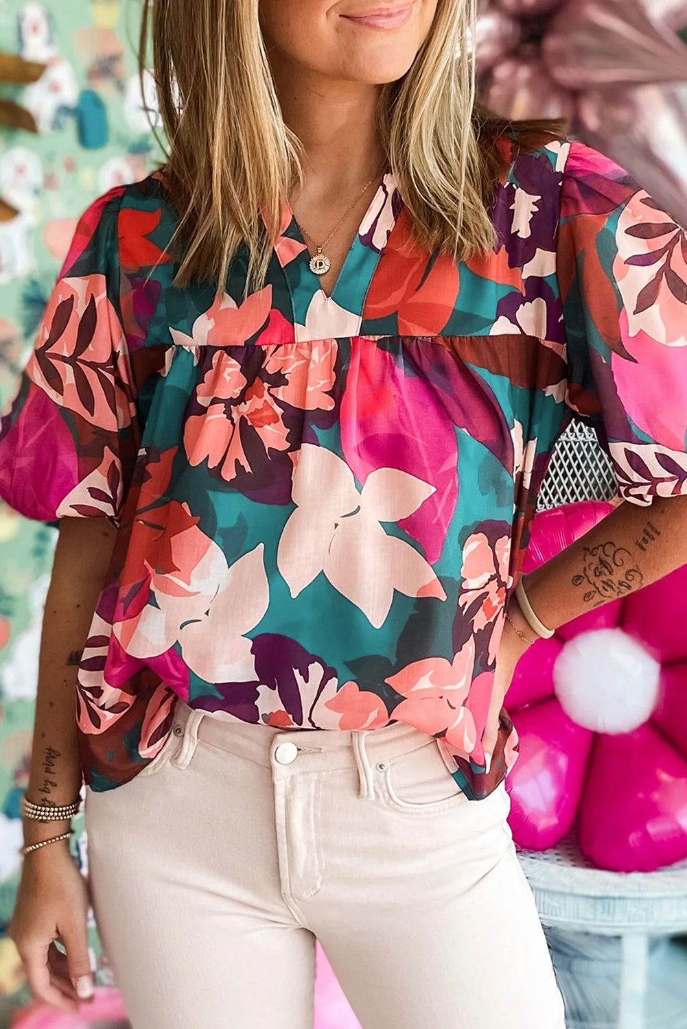 Hot Pink Floral Print Puff Sleeve Notched V Neck Blouse