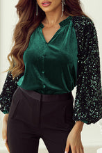 Load image into Gallery viewer, Evergreen Sequin Patchwork Sleeve Button Up Velvet Top
