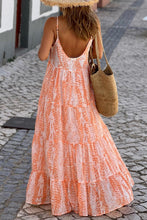 Load image into Gallery viewer, Orange Abstract Print Spaghetti Straps Backless Tiered Maxi Dress
