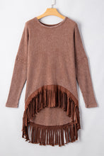 Load image into Gallery viewer, Coffee Waffle Knit Fringed High Low Loose Top
