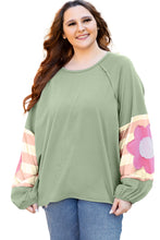 Load image into Gallery viewer, Smoke Green Flower Patchwork Raglan Sleeve Exposed Seam Oversized Top
