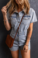 Cargar imagen en el visor de la galería, Light Blue Vintage Washed Buttons Pocketed Denim Romper
