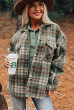 Cargar imagen en el visor de la galería, Mist Green Plaid Print Chest Pockets Turn Down Collar Shacket
