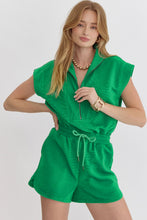 Load image into Gallery viewer, Bright Green Textured Short Sleeve Half Zip Drawstring Waist Romper
