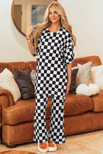 Cargar imagen en el visor de la galería, Black Checkered Print Half Sleeve Tunic Top and Flared Pants Set
