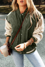 Load image into Gallery viewer, Mist Green Corduroy Fleece Patchwork Buttoned Bomber Jacket
