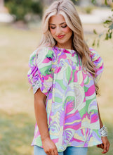 Cargar imagen en el visor de la galería, Green Abstract Print Bubble Sleeve Smock Detail Blouse
