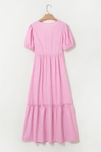 Load image into Gallery viewer, Pink Stripe V Neck Puff Short Sleeve Maxi Dress
