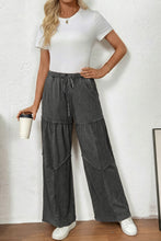 Cargar imagen en el visor de la galería, Black Mineral Wash Tiered Wide Leg Patchwork Drawstring Pants
