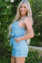 Load image into Gallery viewer, Beau Blue Spaghetti Straps Belted Denim Romper
