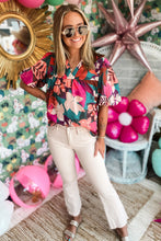 Load image into Gallery viewer, Hot Pink Floral Print Puff Sleeve Notched V Neck Blouse
