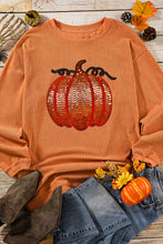 Load image into Gallery viewer, Orange Sequined Pumpkin Ribbed Round Neck Halloween Sweatshirt
