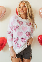 Cargar imagen en el visor de la galería, Pink Heart Leopard Print Pearled Ribbed Trim Fuzzy Sweater
