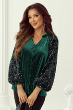 Load image into Gallery viewer, Evergreen Sequin Patchwork Sleeve Button Up Velvet Top
