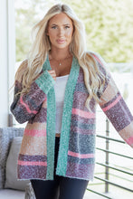 Load image into Gallery viewer, Multicolour Color Block Striped Side Slit Open Front Cardigan
