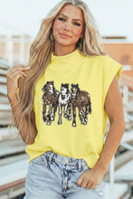 Load image into Gallery viewer, Yellow High Neck Sequin Horse Cap Sleeve Tunic Top
