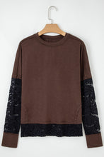 Load image into Gallery viewer, Dark Brown Sheer Lace Patchwork Casual Long Sleeve Tee
