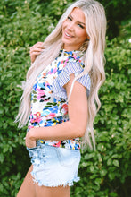 Cargar imagen en el visor de la galería, Light Blue Floral Print Striped Ruffled Sleeve Blouse
