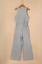 Load image into Gallery viewer, Gray Ribbed Knit Buttons Drawstring Sleeveless Jumpsuit
