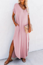 Cargar imagen en el visor de la galería, Pink V Neck Hidden Pocket Splits Maxi T-shirt Dress
