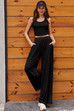 Cargar imagen en el visor de la galería, Black Textured Sleeveless Crop Top and Wide Leg Pants Outfit
