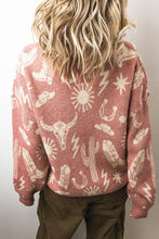 Cargar imagen en el visor de la galería, Peach Blossom Western Print Drop Shoulder Round Neck Long Sleeve Sweater
