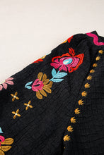 Load image into Gallery viewer, Black Floral Embroidered Ricrac Puff Sleeve Textured Blouse
