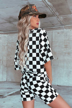 Cargar imagen en el visor de la galería, Black Checkerboard Print V Neck Loose Tee and Shorts Lounge Set
