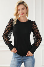 Load image into Gallery viewer, Black Leopard Mesh Puff Sleeve Patchwork Slim Fit Top
