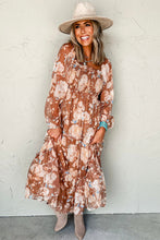 Cargar imagen en el visor de la galería, Brown Floral Print Shirred Square Neck High Waist Maxi Dress
