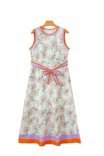 Cargar imagen en el visor de la galería, White Floral Print Color Block Trim Belted Sleeveless Maxi Dress
