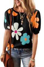 Load image into Gallery viewer, Black Flower/Bowknot Print Bubble Sleeve Tee
