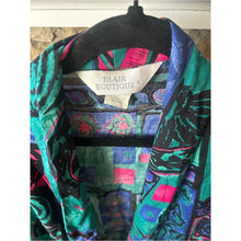 Load image into Gallery viewer, Vintage 80s Vibrant Teal &amp; Purple Printed Oversized Blazer with Satin Cuffs
