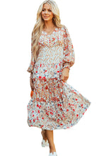 Load image into Gallery viewer, Khaki Floral Print Ruffled Tiered Long Sleeve V Neck Midi Dress
