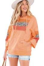 Load image into Gallery viewer, Grapefruit Orange Plaid Floral Patchwork Kangaroo Pocket Hooded Long Sleeve Top
