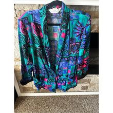 Load image into Gallery viewer, Vintage 80s Vibrant Teal &amp; Purple Printed Oversized Blazer with Satin Cuffs
