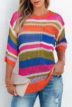 Load image into Gallery viewer, Orange Stripe Colorblock Hollowed Crochet 3/4 Sleeve Sweater
