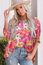 Cargar imagen en el visor de la galería, Pink Shirred Cuffs 3/4 Sleeve Floral Blouse
