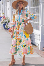 Load image into Gallery viewer, Multicolour Floral Doodle Print Striped Trim V Neck Midi Dress
