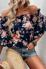 Cargar imagen en el visor de la galería, Blue Ruffle Off Shoulder Flounce Sleeve Floral Blouse
