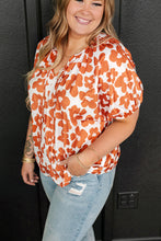 Cargar imagen en el visor de la galería, Orange Plus Size Floral Print Drawstring V Neck Short Sleeve Blouse
