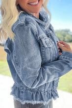 Cargar imagen en el visor de la galería, Beau Blue Ruffle Raw Hem Flap Pockets Denim Jacket
