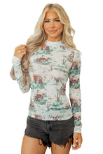Load image into Gallery viewer, Green Western Print Long Sleeve Round Neck Slim Top
